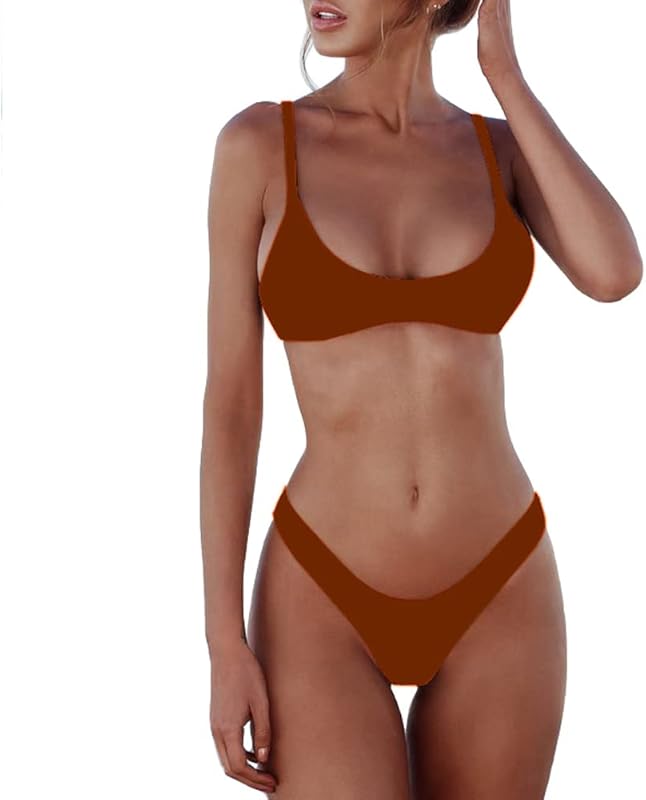 Women's Solid Scoop Neck Push Up Padded Brazilian Thong Bikini Swimsuit Bathing Suit - Seldom Seen Styles