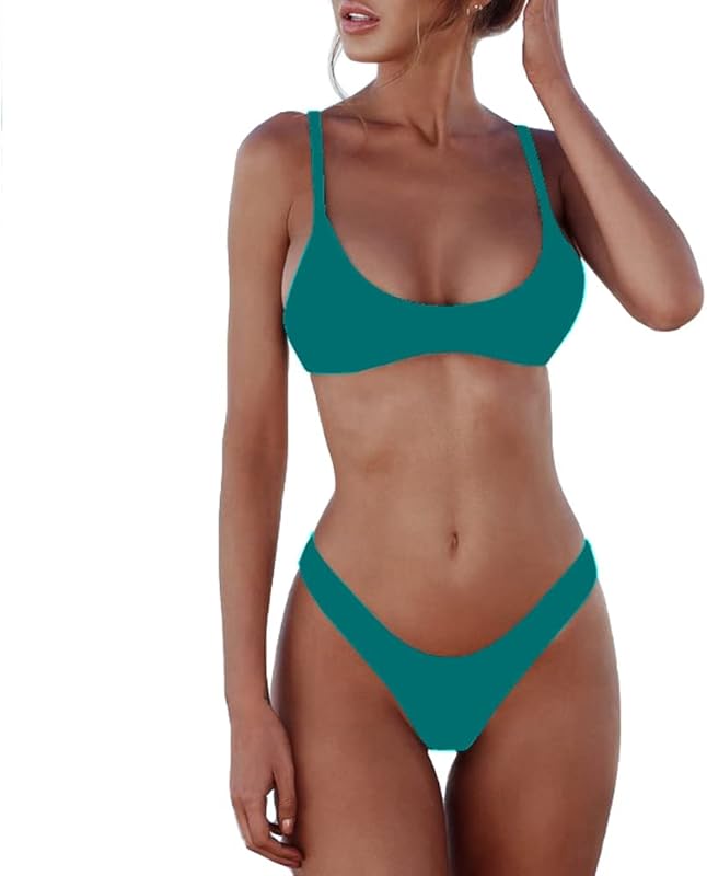 Women's Solid Scoop Neck Push Up Padded Brazilian Thong Bikini Swimsuit Bathing Suit - Seldom Seen Styles