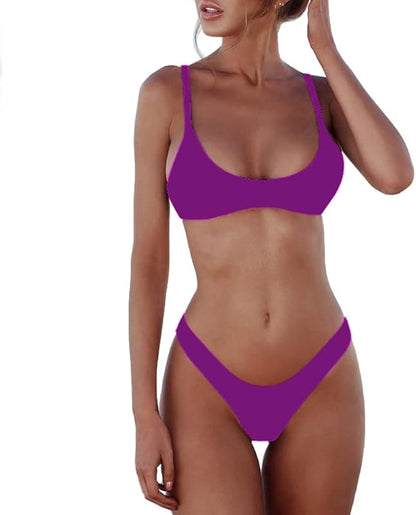 Women's Solid Scoop Neck Push Up Padded Brazilian Thong Bikini Swimsuit Bathing Suit - Seldom Seen Styles
