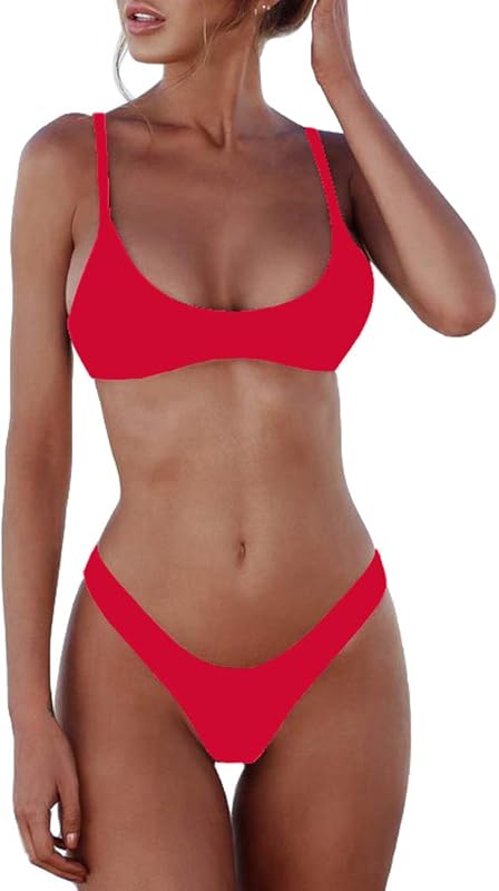 Women's Solid Scoop Neck Push Up Padded Brazilian Thong Bikini Swimsuit Bathing Suit - Seldom Seen Styles