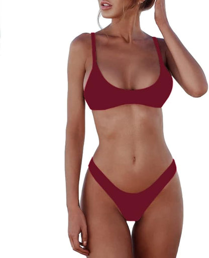 Women's Solid Scoop Neck Push Up Padded Brazilian Thong Bikini Swimsuit Bathing Suit - Seldom Seen Styles