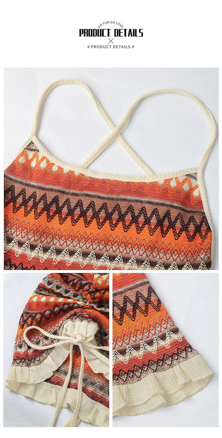 Women's Spaghetti Strap Mini Dress Side Drawstring Ruched Ethnic Pattern Knit Dresses Sexy Backless Slim Fit Dress - Seldom Seen Styles