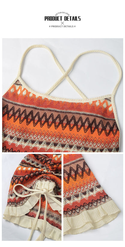 Women's Spaghetti Strap Mini Dress Side Drawstring Ruched Ethnic Pattern Knit Dresses Sexy Backless Slim Fit Dress - Seldom Seen Styles