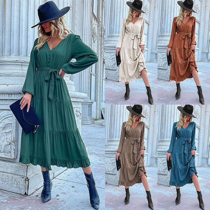 Women's Spring Dresses 2025 Long Sleeve V Neck Button Down Belted A-Line Flowy Ruffle Maxi Shirt Dress Pockets - Seldom Seen Styles