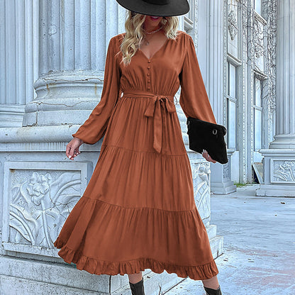 Women's Spring Dresses 2025 Long Sleeve V Neck Button Down Belted A-Line Flowy Ruffle Maxi Shirt Dress Pockets - Seldom Seen Styles