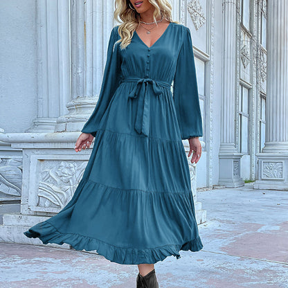 Women's Spring Dresses 2025 Long Sleeve V Neck Button Down Belted A-Line Flowy Ruffle Maxi Shirt Dress Pockets - Seldom Seen Styles