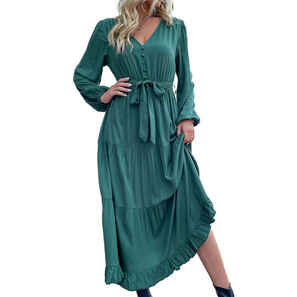 Women's Spring Dresses 2025 Long Sleeve V Neck Button Down Belted A-Line Flowy Ruffle Maxi Shirt Dress Pockets - Seldom Seen Styles