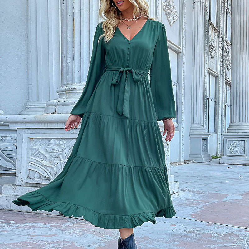 Women's Spring Dresses 2025 Long Sleeve V Neck Button Down Belted A-Line Flowy Ruffle Maxi Shirt Dress Pockets - Seldom Seen Styles