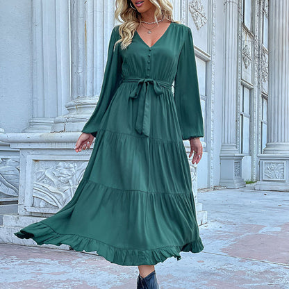 Women's Spring Dresses 2025 Long Sleeve V Neck Button Down Belted A-Line Flowy Ruffle Maxi Shirt Dress Pockets - Seldom Seen Styles