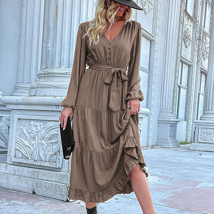 Women's Spring Dresses 2025 Long Sleeve V Neck Button Down Belted A-Line Flowy Ruffle Maxi Shirt Dress Pockets - Seldom Seen Styles