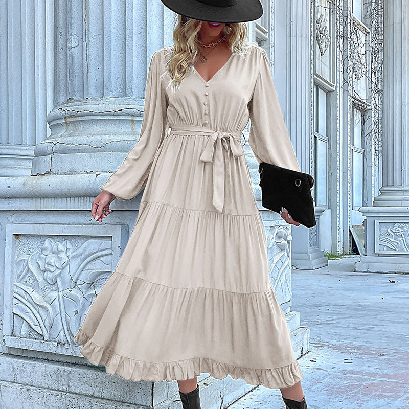 Women's Spring Dresses 2025 Long Sleeve V Neck Button Down Belted A-Line Flowy Ruffle Maxi Shirt Dress Pockets - Seldom Seen Styles