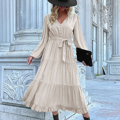 Women's Spring Dresses 2025 Long Sleeve V Neck Button Down Belted A-Line Flowy Ruffle Maxi Shirt Dress Pockets - Seldom Seen Styles