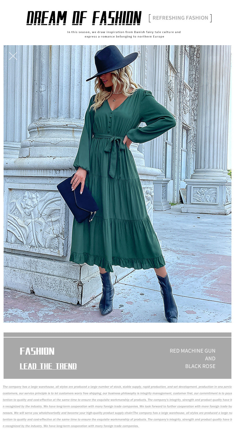 Women's Spring Dresses 2025 Long Sleeve V Neck Button Down Belted A-Line Flowy Ruffle Maxi Shirt Dress Pockets - Seldom Seen Styles