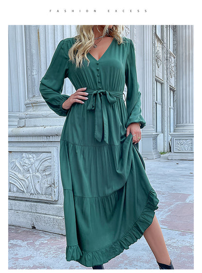 Women's Spring Dresses 2025 Long Sleeve V Neck Button Down Belted A-Line Flowy Ruffle Maxi Shirt Dress Pockets - Seldom Seen Styles