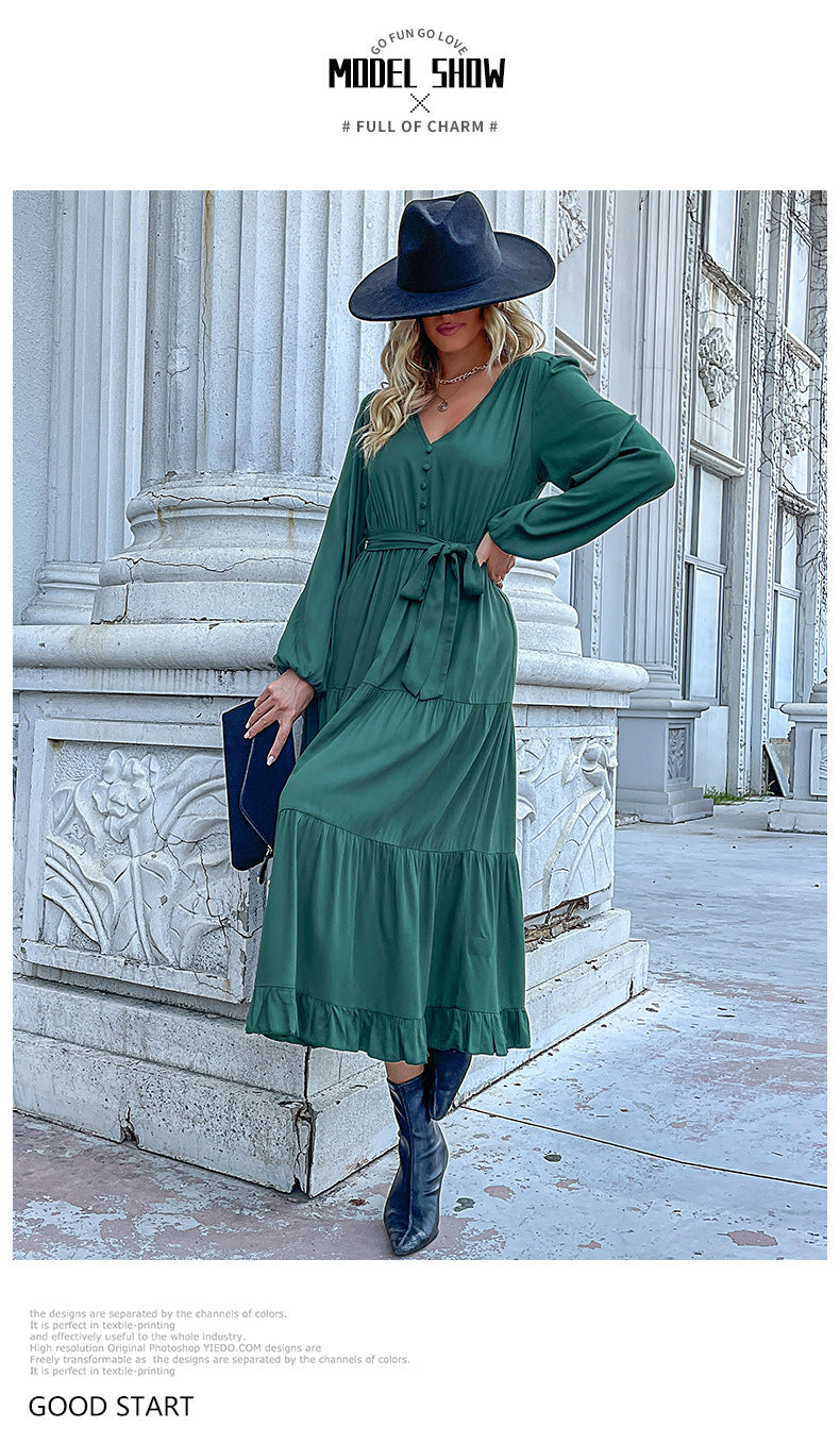 Women's Spring Dresses 2025 Long Sleeve V Neck Button Down Belted A-Line Flowy Ruffle Maxi Shirt Dress Pockets - Seldom Seen Styles