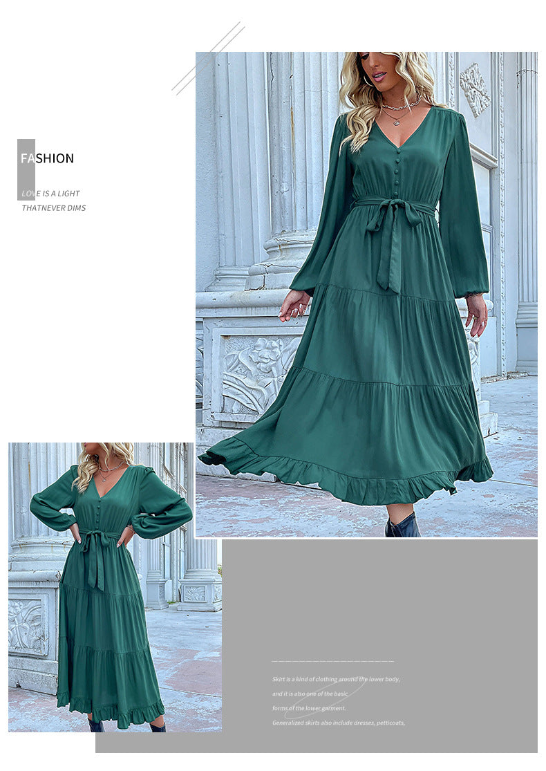 Women's Spring Dresses 2025 Long Sleeve V Neck Button Down Belted A-Line Flowy Ruffle Maxi Shirt Dress Pockets - Seldom Seen Styles