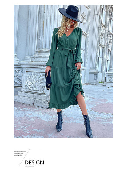 Women's Spring Dresses 2025 Long Sleeve V Neck Button Down Belted A-Line Flowy Ruffle Maxi Shirt Dress Pockets - Seldom Seen Styles