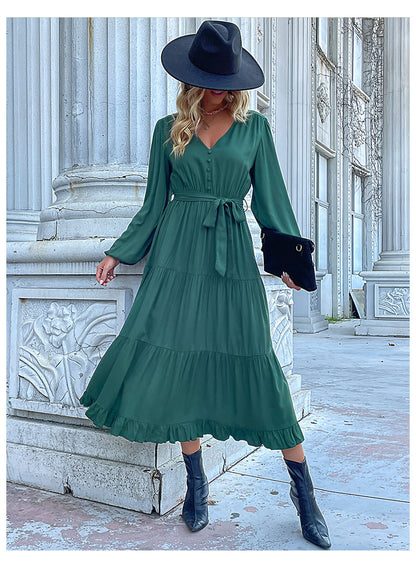 Women's Spring Dresses 2025 Long Sleeve V Neck Button Down Belted A-Line Flowy Ruffle Maxi Shirt Dress Pockets - Seldom Seen Styles