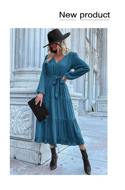 Women's Spring Dresses 2025 Long Sleeve V Neck Button Down Belted A-Line Flowy Ruffle Maxi Shirt Dress Pockets - Seldom Seen Styles