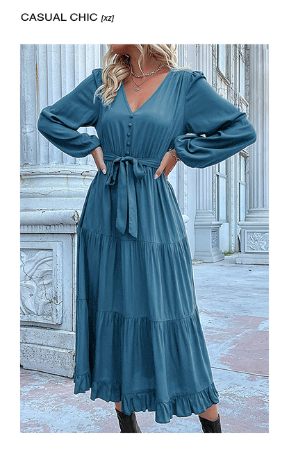 Women's Spring Dresses 2025 Long Sleeve V Neck Button Down Belted A-Line Flowy Ruffle Maxi Shirt Dress Pockets - Seldom Seen Styles