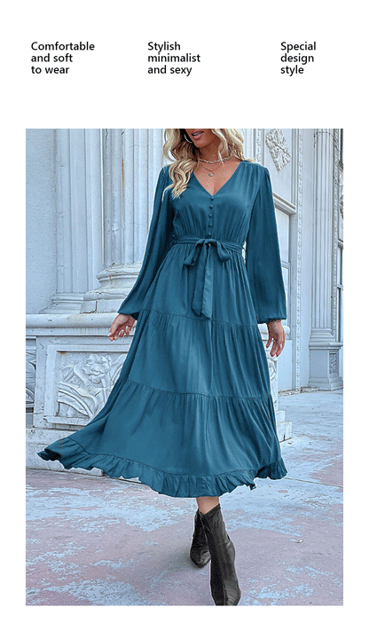 Women's Spring Dresses 2025 Long Sleeve V Neck Button Down Belted A-Line Flowy Ruffle Maxi Shirt Dress Pockets - Seldom Seen Styles