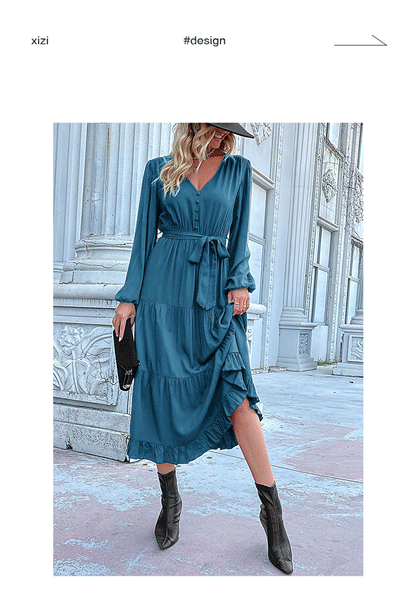 Women's Spring Dresses 2025 Long Sleeve V Neck Button Down Belted A-Line Flowy Ruffle Maxi Shirt Dress Pockets - Seldom Seen Styles