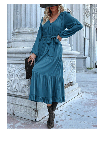 Women's Spring Dresses 2025 Long Sleeve V Neck Button Down Belted A-Line Flowy Ruffle Maxi Shirt Dress Pockets - Seldom Seen Styles
