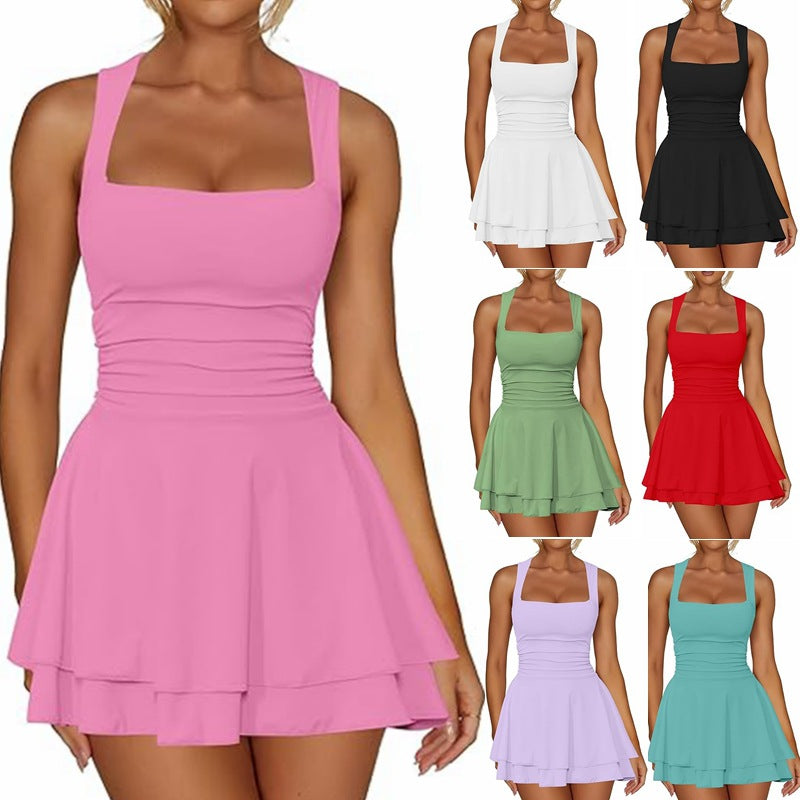 Women's Square Neck Ruffle Hem Mini Dress Ruched Waist Short Party Dresses - Seldom Seen Styles