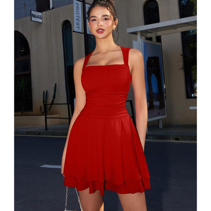 Women's Square Neck Sleeveless Bodycon Ruched Waist Flowy A-Line Ruffle Hem Mini Dress - Seldom Seen Styles