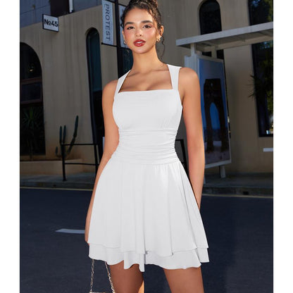 Women's Square Neck Sleeveless Bodycon Ruched Waist Flowy A-Line Ruffle Hem Mini Dress - Seldom Seen Styles