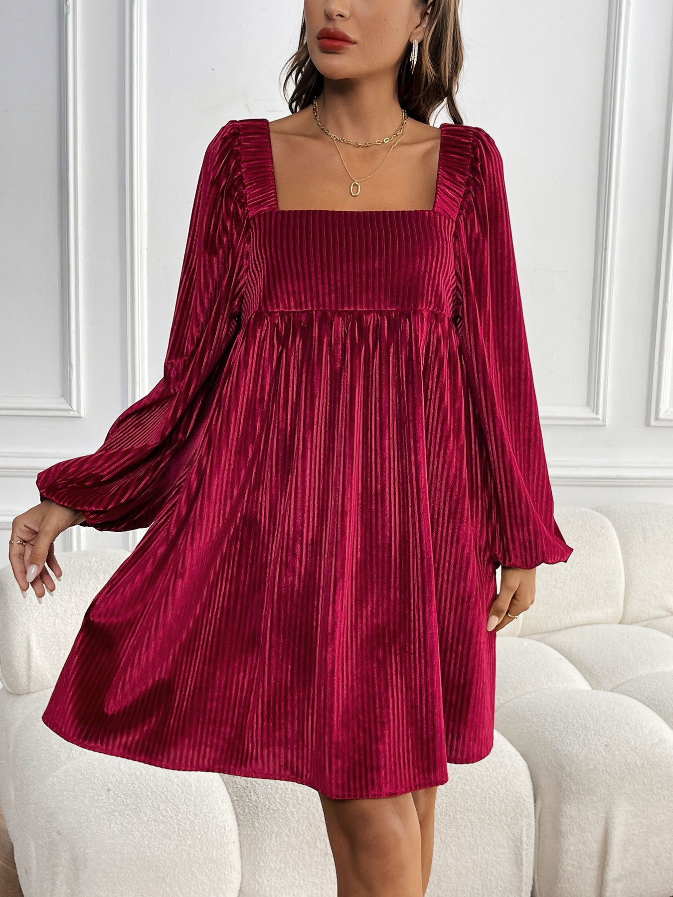 Women's Square Neck Velvet Dress Long Sleeve Tie Back Open Back Ruffle Mini Babydoll Dress - Seldom Seen Styles