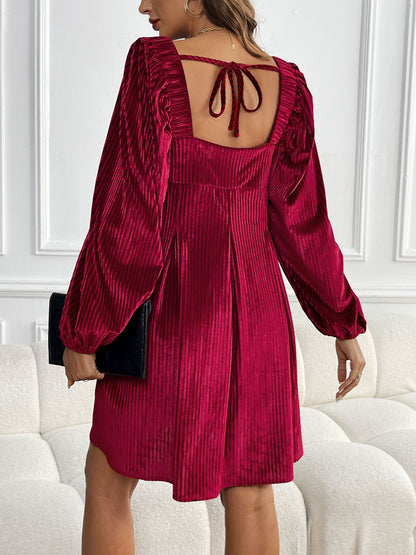 Women's Square Neck Velvet Dress Long Sleeve Tie Back Open Back Ruffle Mini Babydoll Dress - Seldom Seen Styles