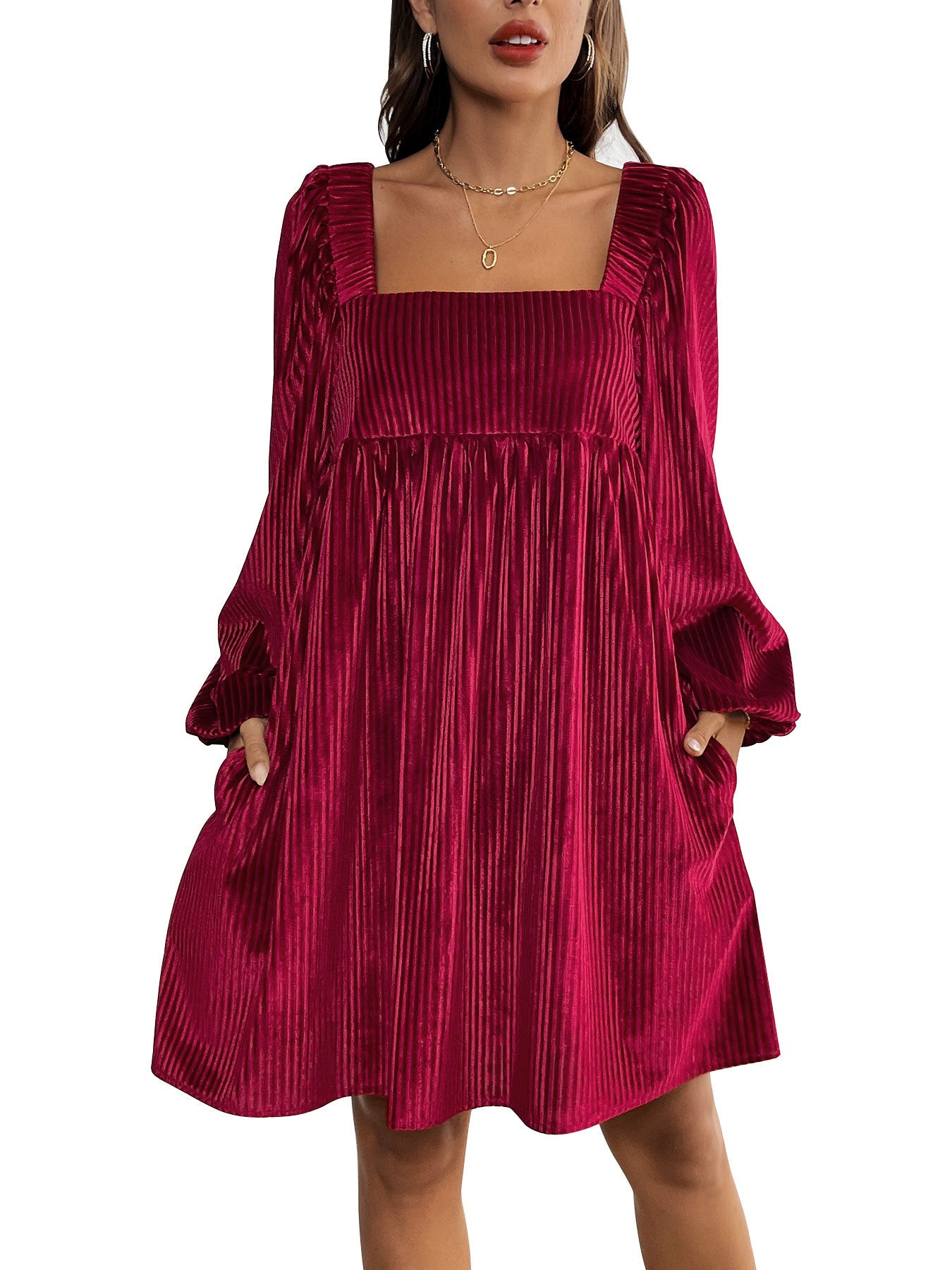 Women's Square Neck Velvet Dress Long Sleeve Tie Back Open Back Ruffle Mini Babydoll Dress - Seldom Seen Styles