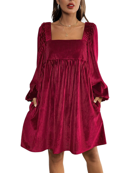 Women's Square Neck Velvet Dress Long Sleeve Tie Back Open Back Ruffle Mini Babydoll Dress - Seldom Seen Styles