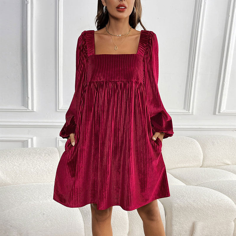 Women's Square Neck Velvet Dress Long Sleeve Tie Back Open Back Ruffle Mini Babydoll Dress - Seldom Seen Styles