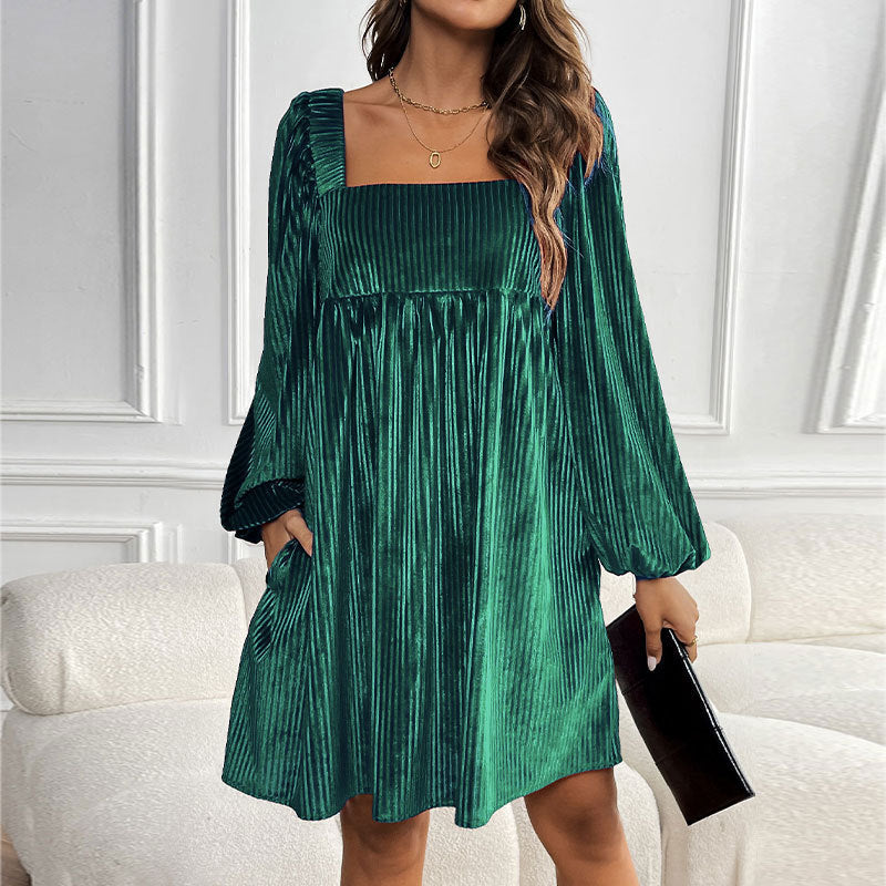 Women's Square Neck Velvet Dress Long Sleeve Tie Back Open Back Ruffle Mini Babydoll Dress - Seldom Seen Styles