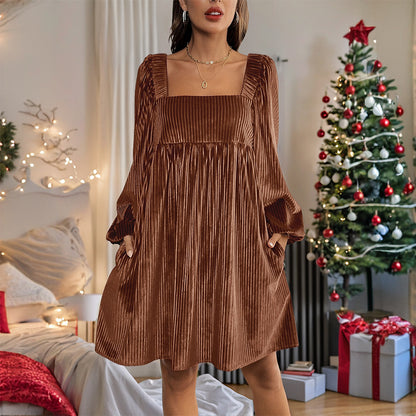 Women's Square Neck Velvet Dress Long Sleeve Tie Back Open Back Ruffle Mini Babydoll Dress - Seldom Seen Styles