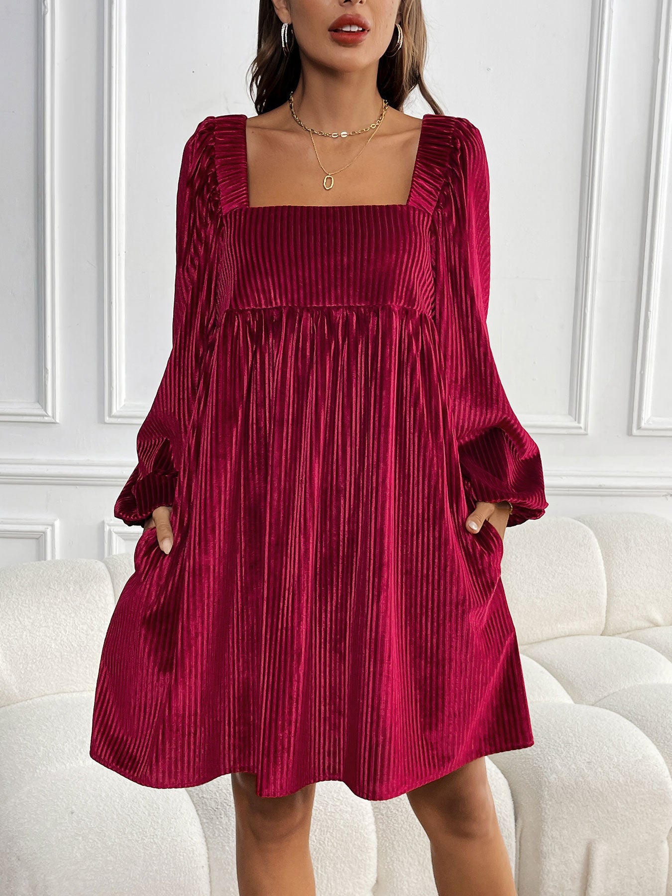 Women's Square Neck Velvet Dress Long Sleeve Tie Back Open Back Ruffle Mini Babydoll Dress - Seldom Seen Styles