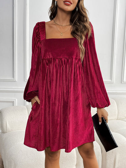 Women's Square Neck Velvet Dress Long Sleeve Tie Back Open Back Ruffle Mini Babydoll Dress - Seldom Seen Styles