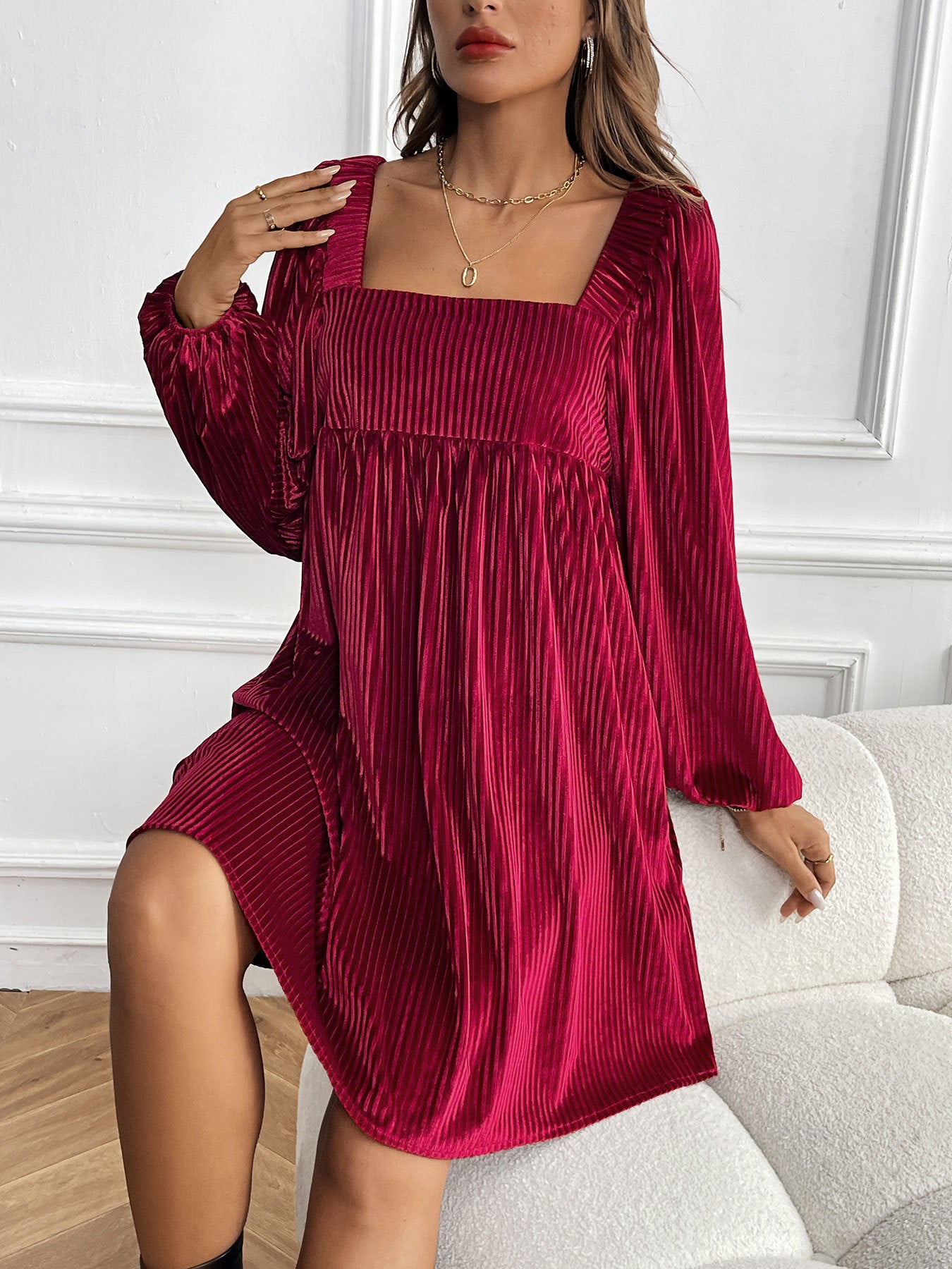 Women's Square Neck Velvet Dress Long Sleeve Tie Back Open Back Ruffle Mini Babydoll Dress - Seldom Seen Styles