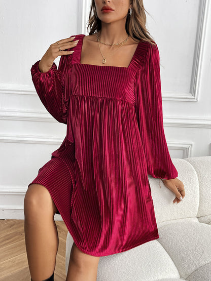 Women's Square Neck Velvet Dress Long Sleeve Tie Back Open Back Ruffle Mini Babydoll Dress - Seldom Seen Styles