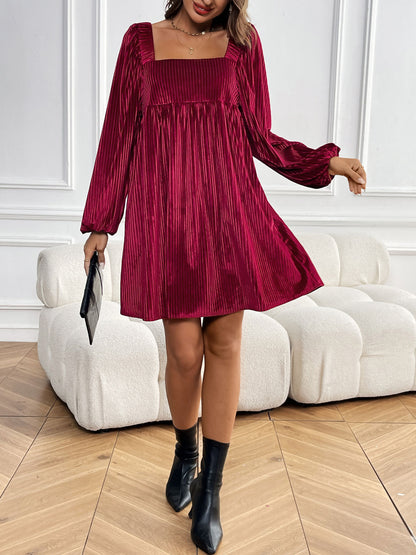 Women's Square Neck Velvet Dress Long Sleeve Tie Back Open Back Ruffle Mini Babydoll Dress - Seldom Seen Styles