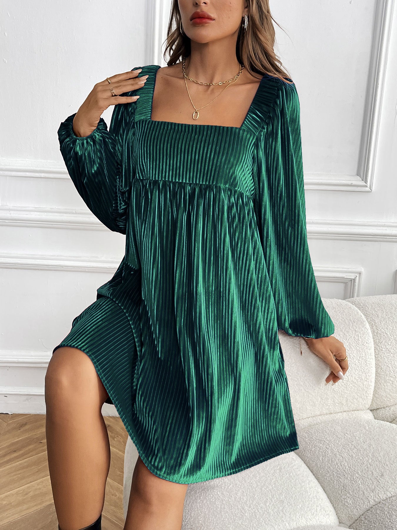 Women's Square Neck Velvet Dress Long Sleeve Tie Back Open Back Ruffle Mini Babydoll Dress - Seldom Seen Styles