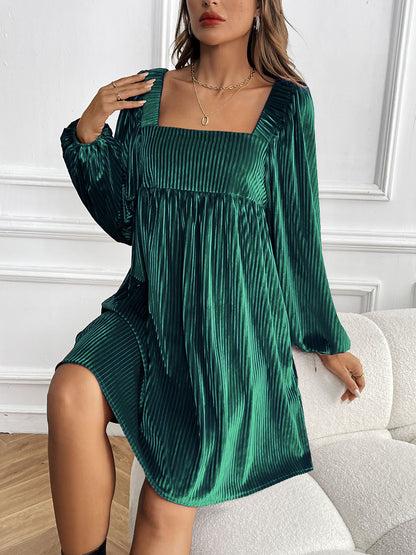Women's Square Neck Velvet Dress Long Sleeve Tie Back Open Back Ruffle Mini Babydoll Dress - Seldom Seen Styles