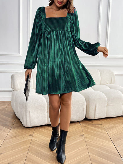 Women's Square Neck Velvet Dress Long Sleeve Tie Back Open Back Ruffle Mini Babydoll Dress - Seldom Seen Styles