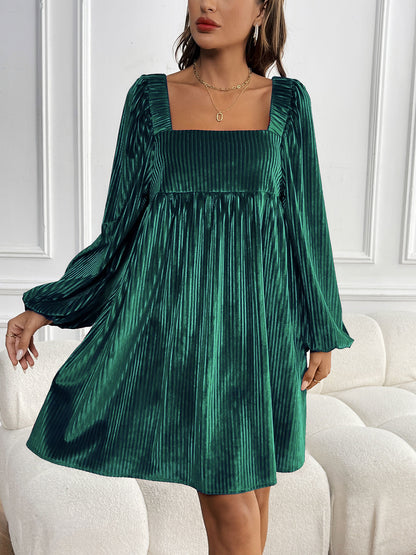 Women's Square Neck Velvet Dress Long Sleeve Tie Back Open Back Ruffle Mini Babydoll Dress - Seldom Seen Styles