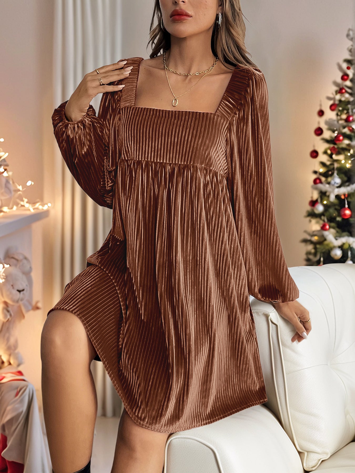 Women's Square Neck Velvet Dress Long Sleeve Tie Back Open Back Ruffle Mini Babydoll Dress - Seldom Seen Styles