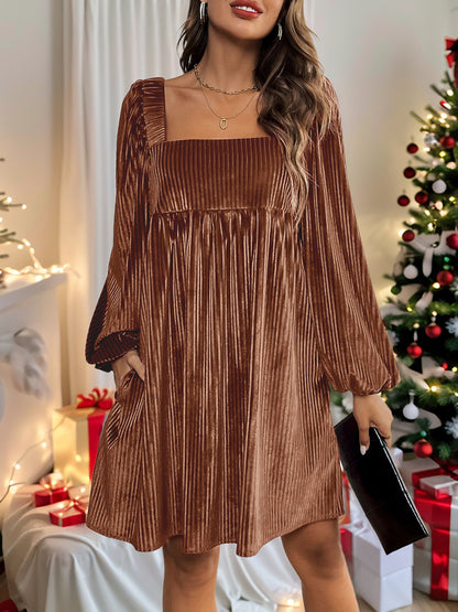 Women's Square Neck Velvet Dress Long Sleeve Tie Back Open Back Ruffle Mini Babydoll Dress - Seldom Seen Styles