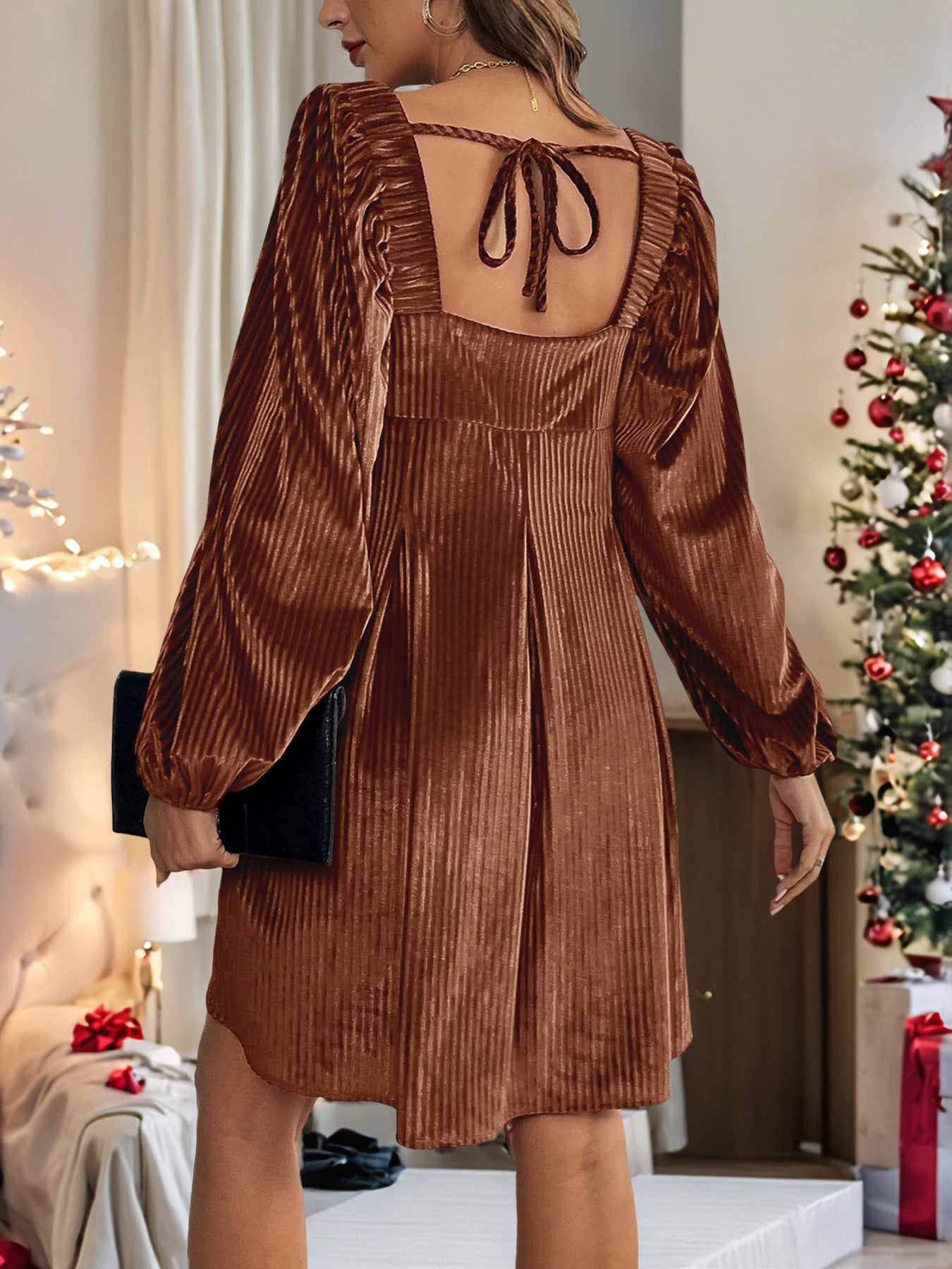 Women's Square Neck Velvet Dress Long Sleeve Tie Back Open Back Ruffle Mini Babydoll Dress - Seldom Seen Styles