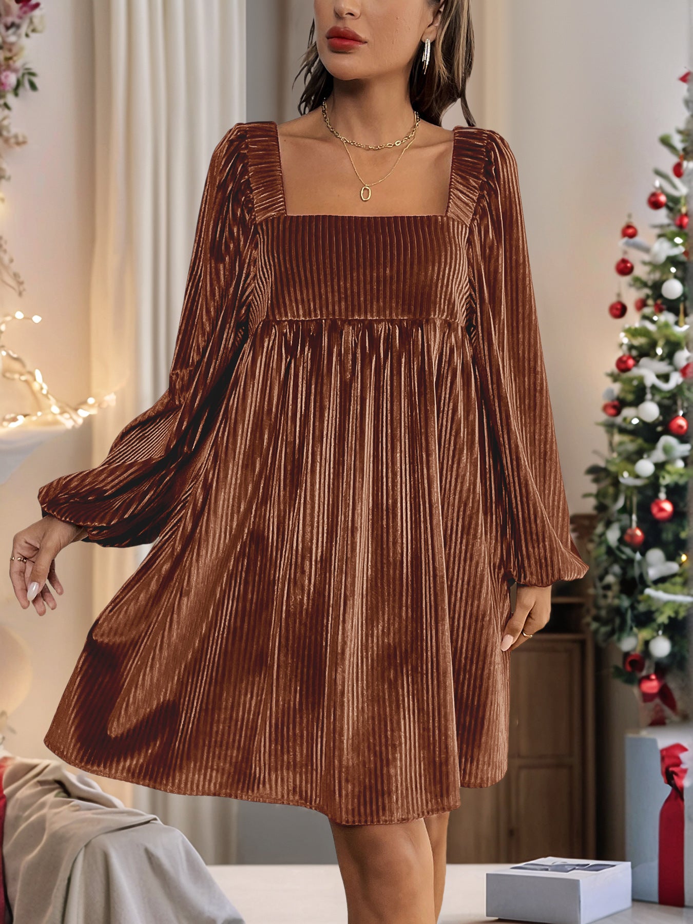 Women's Square Neck Velvet Dress Long Sleeve Tie Back Open Back Ruffle Mini Babydoll Dress - Seldom Seen Styles